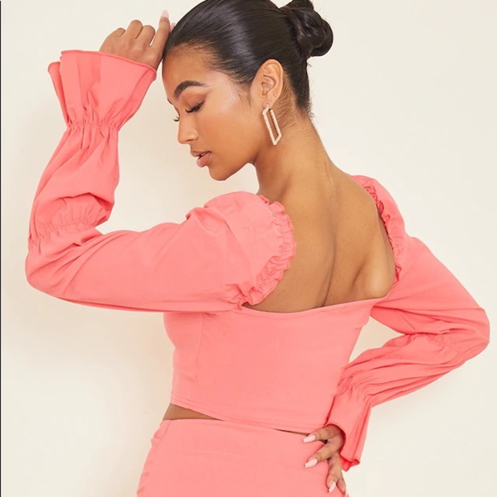 Coral Woven Frill Stretch Ruched Front Long Sleeve Crop Top NEW